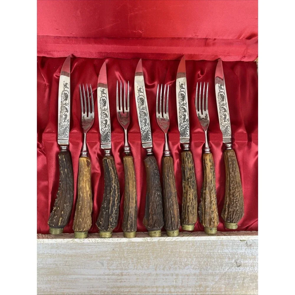 Anton Wingen Jr Solingen-Germany 9 pcs Rostfrei Flatware Stag Knife Fork Set